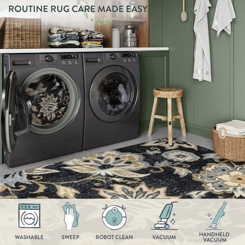 Lahome Floral Washable Runner Rug - 2x6 Runners for Hallways Non-Slip Low-Pile Kitchen Rug, Black Paisley Print Carpet for Laundry Bedroom Entryway （(2’X 6’, Blacak) | Low-Pile Kitchen Rug, Black Paisley Print Carpet for Laundry Bedroom Entryway (2' x 6',
