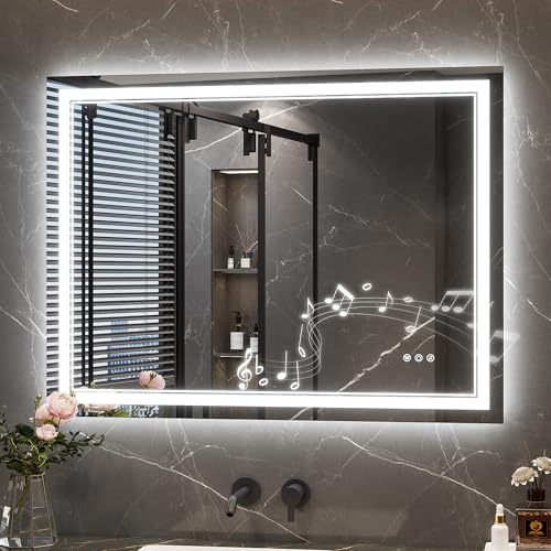 Keonjinn 40" x 30" LED Bathroom Mirror with Lights, Frontlit & Backlit | Bluetooth Speaker, Bluetooth Mirror Bathroom, HD Tempered Glass, 3000K/4500K/6000K, Dimmable, Fast & Safe Defogging, CRI90+ - size: 30"L x 40"W