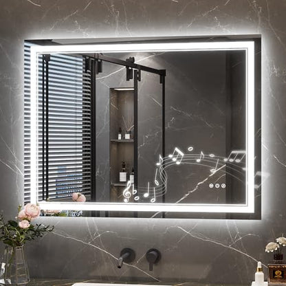 Keonjinn 40" x 30" LED Bathroom Mirror with Lights, Frontlit & Backlit | Bluetooth Speaker, Bluetooth Mirror Bathroom, HD Tempered Glass, 3000K/4500K/6000K, Dimmable, Fast & Safe Defogging, CRI90+ - size: 30"L x 40"W