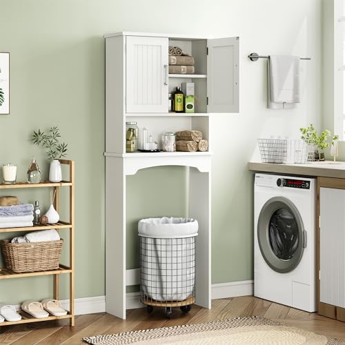 Over The Toilet Storage Cabinet, Double Door Over Toilet Bathroom Organizer, Space-Saving & Open Shelf & Anti-Tip Device, White