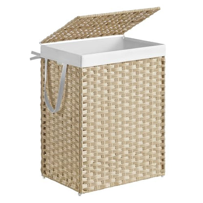 SONGMICS Laundry Hamper with Lid, 23.8 Gallon (90L) Synthetic Rattan Clothes Laundry Basket with Lid and Handles, Foldable, Removable Liner, Summer Sand ULCB051LZ01 - color: Summer Sand, size: 90 L