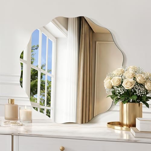 CILIBER Wavy Mirror for Wall, 18'' Scalloped Frameless Round Mirror, 3mm Tempered Glass Decorative Bathroom Vanity Mirror, Mounting/Leaning for Mantel, Living Room, Bedroom and Entryway - size: 18"L x 18"W