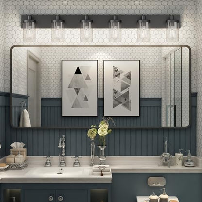 Aipsun 48in Vanity Light Black Bathroom Vanity Lighting Fixtures 6 Light Bathroom Light Fixtures with Clear Glass Shade(Exclude Bulb) - color: Black, size: 6-Light