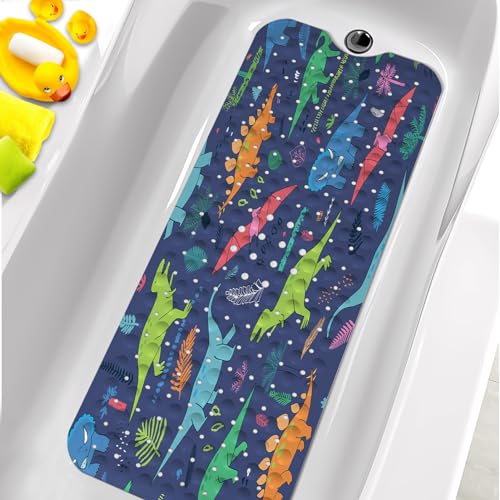 Bathtub Mats for Kids, Cartoon Blue Dinosaur Bath Mat for Tub Non Slip, 40 X 16 Inch Large Washable Bathtub Mat Non Slip for Showers with Drain Holes and Suction Cups - color: Blue Dinosaur