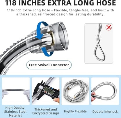 G-Promise Dog Shower Attachment with Flow Control | High Pressure, with Flow Control Lever, Extra Long Hose, Easy to Install, No-Drill Hook Mount - color: Chrome, size: 118 Inch Hose