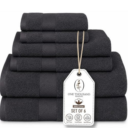 Premium Staple Cotton Bathroom Towel Set - Dark Gray 600 GSM 6-Piece Luxury Bath Towel Set 1 Stripe - 2 Bath Towels, 2 Hand Towels & 2 Washclothes Set - High Absorbent & Quick Dry for Gym, Spa, Hotel - color: Dark Gray - 1 Stripe