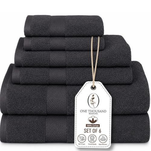 Premium Staple Cotton Bathroom Towel Set - Dark Gray 600 GSM 6-Piece Luxury Bath Towel Set 1 Stripe - 2 Bath Towels, 2 Hand Towels & 2 Washclothes Set - High Absorbent & Quick Dry for Gym, Spa, Hotel - color: Dark Gray - 1 Stripe