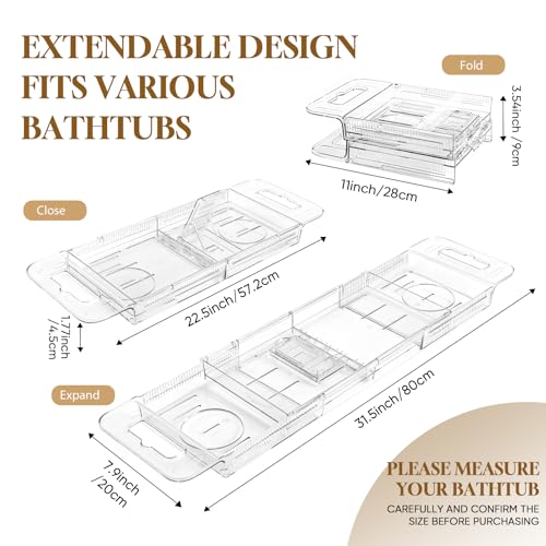 Expandable Clear Acrylic Bathtub Tray Caddy, Foldable Tub Bath Tray with Drain Slots, Slip-Resistant Waterproof Bathroom Shelf Caddy & Home Spa Gift for Women