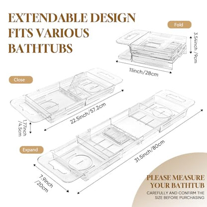Expandable Clear Acrylic Bathtub Tray Caddy, Foldable Tub Bath Tray with Drain Slots, Slip-Resistant Waterproof Bathroom Shelf Caddy & Home Spa Gift for Women