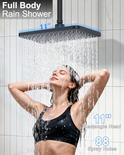 KOJOX Matte Black Dual Shower Head System – 11" Ceiling Rainfall + 6" Wall Mount Heads, 6-Mode Handheld Spray, Push-Button Diverter Faucet Set - color: Matte Black, size: 6''+11''