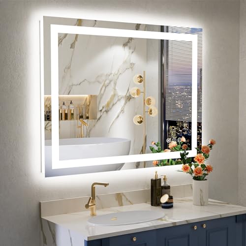 28x36 Inch LED Bathroom Mirror with Lights Front and Backlit Lighted Vanity Mirror for Bathroom Wall with 3 Colors Dimmable Anti-Fog Memory Shatter-Proof IP54 Waterproof Horizontal/Vertical - color: Backlit+front Lit, size: 28"L x 36"W