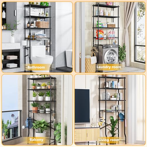 Mlinavn Over-The-Toilet Storage Rack, 4-Tier Bathroom Organizer Shelf Over Toilet with Adjustable Shelf and Basket, Freestanding Space Saver Bathroom Shelves Above Toilet for Room (Black) - color: Round Tube - Black