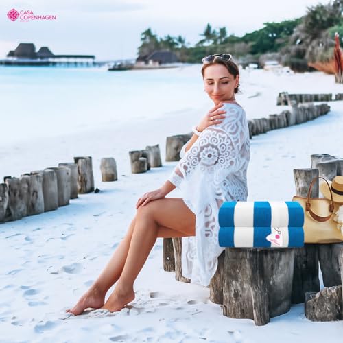 CASA COPENHAGEN Cabana Towels 2Pcs Cyan Designer Stripe Beach Bathsheet Towels Gift Set, 35"x70" Oversized 100% Cotton Pool Bath Sheet Gift Set (Perfect Summer Gift Set for Women & Men)