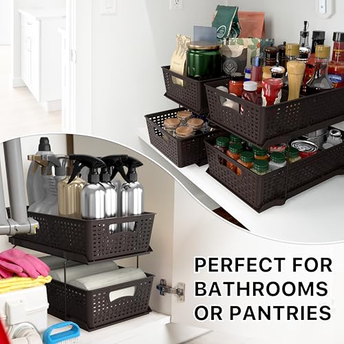 Simple Houseware 2 Tier Pull-Out Sliding Drawer Under Sink Storage, Brown | Great for Kitchen Bathroom Tray Shelf Organizer - color: Brown
