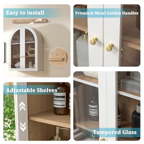 Bathroom Arched Wall Cabinet, 23.5'' Wide Medicine Cabinet, Bathroom Cabinet Wall Mount with Glass Doors & Adjustable Shelves, Over The Toilet Storage Cabinet for Laundry Room, Bedroom,Kitchen, White - color: White