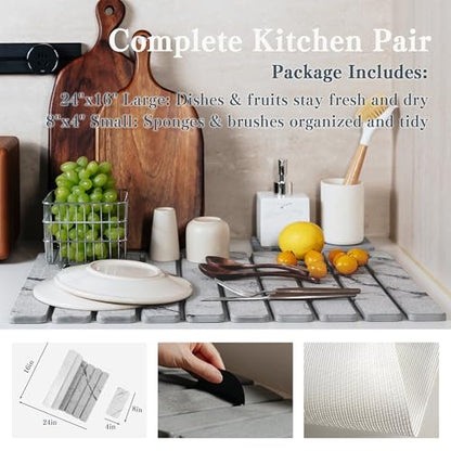 2pcs Stone Dish Drying Mat for Kitchen Counter, Quick-Dry Diatomaceous Earth Water Absorbent Pad & Countertop Drainer, Home Essentials for Bath and Pets - Marble Light Grey, 24x16’’ & 8x4’’ - color: Marble Light Grey