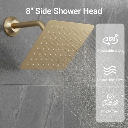 Brushed Gold Shower System Temperature Display Shower Faucet Set | 12 inch and 8 inch Full Body Shower Head, with 6 PCS Body Jet and Handheld Spray - color: Brushed Gold, size: 12+8 inch