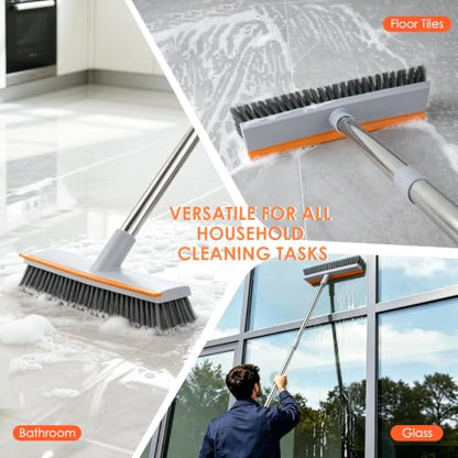 Floor Scrub Brush with 45" Long Handle, 2-in-1 Heavy-Duty Scrub Brush Broom | Stiff Bristle Scrubbing Brushes with Scrape Squeegee for Cleaning Bathroom, Kitchen, Patio, Pool, Garage, Tile, Wall, Deck
