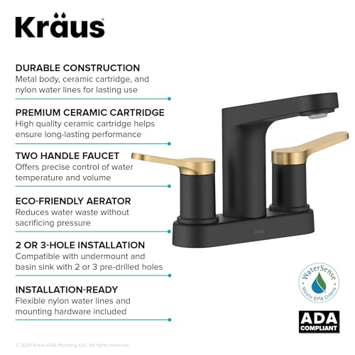 KRAUS Indy Centerset Bathroom Faucet in Spot-Free Brushed Brass/Matte Black with 2 Handles, Pop Up Drain and Supply Lines, FUS-14102SFBBMB - color: Spot Free Brushed Brass/Matte Black, style: Centerset