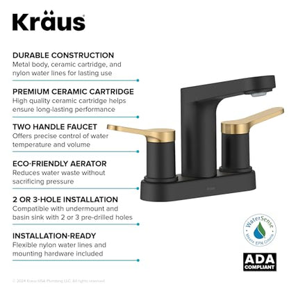 KRAUS Indy Centerset Bathroom Faucet in Spot-Free Brushed Brass/Matte Black with 2 Handles, Pop Up Drain and Supply Lines, FUS-14102SFBBMB - color: Spot Free Brushed Brass/Matte Black, style: Centerset