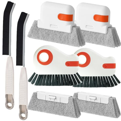 Window Sill Cleaner Tool, Sliding Door Track Cleaner, 8-Piece Brush Kit | Hard Bristle, Crevice and Sponge Brushes with Replacement Heads for Window Grooves, Shower Tracks, Grout, Sinks and Vents