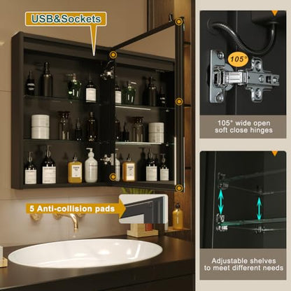 20x28 Inch Right Hinge Aluminum LED Bathroom Medicine Cabinet with Mirror | Light Adjustment, Anti-Fog, Sockets&USBs, High Capacity, Easy to Install - color: Right Hinge-20*28