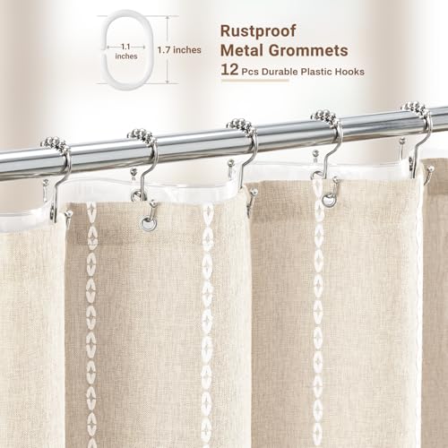 BTTN 3 in 1 Shower Curtain with Liner, 78 Inch Long Boho Linen Striped Cloth Shower Curtain Set with Hook, Farmhouse Bohemian Country Waterproof Fabric Shower Curtain for Bathroom, Cream/Beige, 72x78 - color: Cream With Liner, size: 72"W x 78"L (Pack of 1
