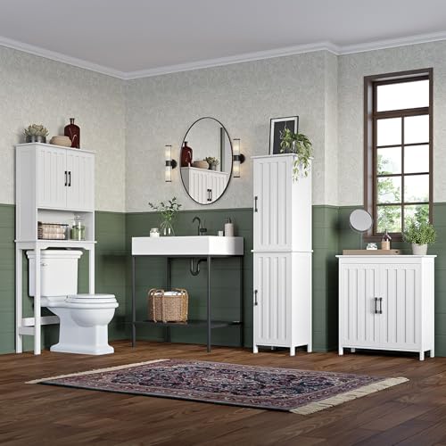 RiverRidge Monroe Two-Door Bathroom Floor Storage Cabinet - White | Linen Cabinet with Adjustable Interior Shelf and Soft Close Hinges, Matte Black Handles