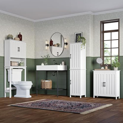 RiverRidge Monroe Two-Door Bathroom Floor Storage Cabinet - White | Linen Cabinet with Adjustable Interior Shelf and Soft Close Hinges, Matte Black Handles