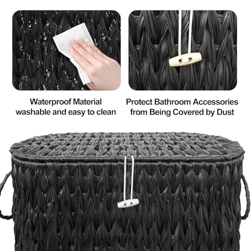 Coeusy Black Toilet Paper Basket with Lid,Wicker Toilet Paper Storage Stand,Large Narrow Bathroom Towel Basket Mega Roll Container Bin for Toilet Tank,Floor - color: Black
