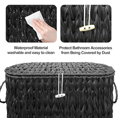 Coeusy Black Toilet Paper Basket with Lid,Wicker Toilet Paper Storage Stand,Large Narrow Bathroom Towel Basket Mega Roll Container Bin for Toilet Tank,Floor - color: Black