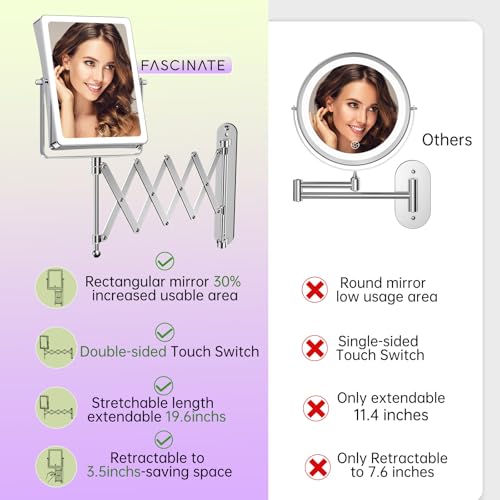FASCINATE 8.7" 5000mAh Rechargeable Wall Mounted Makeup Mirror (Chrome) | Double Sided Touch Switch 1X 30X Magnifying Bathroom Mirror, 3 Color Lights Dimmable Extended Arm 360°Rotation - color: Chrome C