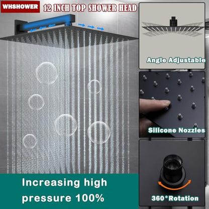 Temperature Display Full Body Shower Faucet Set with 6 pcs Body Jets 12 inch Square Rainfall Shower Head with Handheld Spray Wall Mounted Rough-in Valve and Trim Included,Matte Black - color: Matte Black