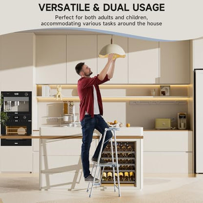 Foldable Toddler Tower, 2-in-1 Alloy Steel Kids Kitchen Step Stool & Adult 2-Step Ladder, Folding Kitchen Tower with Removable Safety Rail, Anti-Slip Steps for Kitchen & Bathroom - color: Cool Gray & Ivory