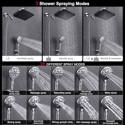 Rainfall Shower Head with Handheld, 14 Inch Rain Shower Head Combo,High Pressure Fixed Showerhead and 10 Spray Settings Handheld Shower Heads,Bathroom Accessories,Chrome - style: Basic