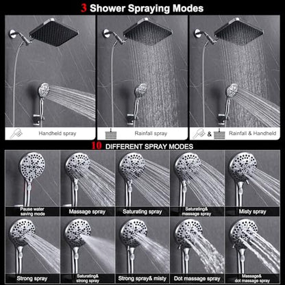 Rainfall Shower Head with Handheld, 14 Inch Rain Shower Head Combo,High Pressure Fixed Showerhead and 10 Spray Settings Handheld Shower Heads,Bathroom Accessories,Chrome - style: Basic