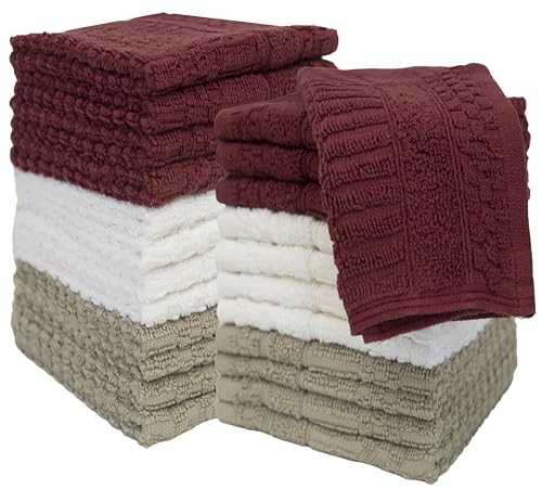 PH Pleasant Home Diamond Wash Cloths Set - 12 Pack (12” x 12”) – 509 GSM - 100% Ring Spun Cotton Wash Cloth - Super Soft and Highly Absorbent Face Towels (Maroon, White & Tan) - color: Maroon, White & Tan, style: Diamond