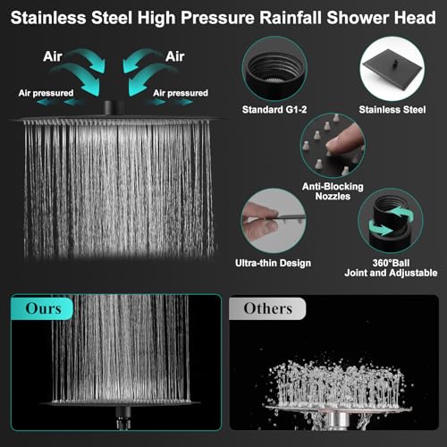 All Metal 10 Inch Rain Shower Head with Handheld Spray Combo, High Pressure Waterfall Rainfall Square Shower Heads with 16" Adjustable Extension Arm, Dual Showerhead with 3-Way Diverter, Matte Black - color: Matte Black, size: 10 Inch