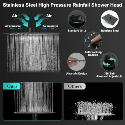 All Metal 10 Inch Rain Shower Head with Handheld Spray Combo, High Pressure Waterfall Rainfall Square Shower Heads with 16" Adjustable Extension Arm, Dual Showerhead with 3-Way Diverter, Matte Black - color: Matte Black, size: 10 Inch