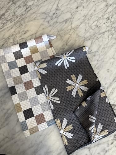 Kitchen Towels, Dish Towels for Kitchen, 2 Pc Kitchen Towel Set | Microfiber Waffle Towels, 16 x 26 inches, with Hanging Loops, Reusable Tea Towels, Cute Kitchen Towels - 2 Pack - color: Multi Checkered Gray Tan