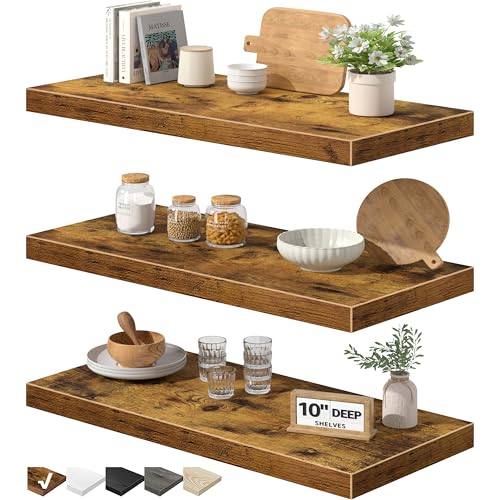 QEEIG 10" Deep Floating Shelves for Wall - 10 x 24 inch Book Shelf Bathroom Bedroom Kitchen Living Room Hanging Bookshelf Farmhouse Set of 3, Rustic Brown (025-60BN3) - color: A. Brown, size: 23.6" x 10"