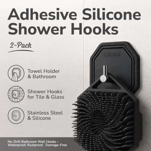 SILKLE Silicone Shower Hooks for Inside Shower, 2-Pack Adhesive Towel Hooks | Adhesive Shower Hooks, No Drill - Razor & Loofah Holders for Shower Wall, Heavy-Duty, Waterproof, Damage-Free - Black - color: Black