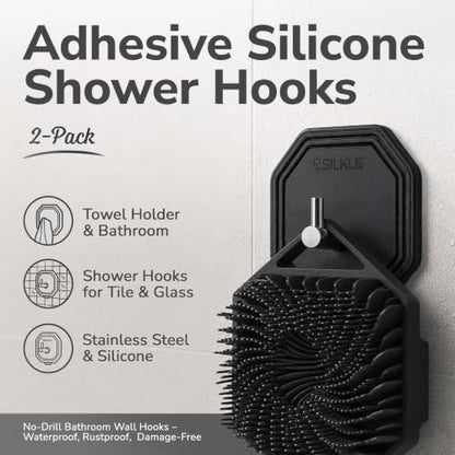 SILKLE Silicone Shower Hooks for Inside Shower, 2-Pack Adhesive Towel Hooks | Adhesive Shower Hooks, No Drill - Razor & Loofah Holders for Shower Wall, Heavy-Duty, Waterproof, Damage-Free - Black - color: Black