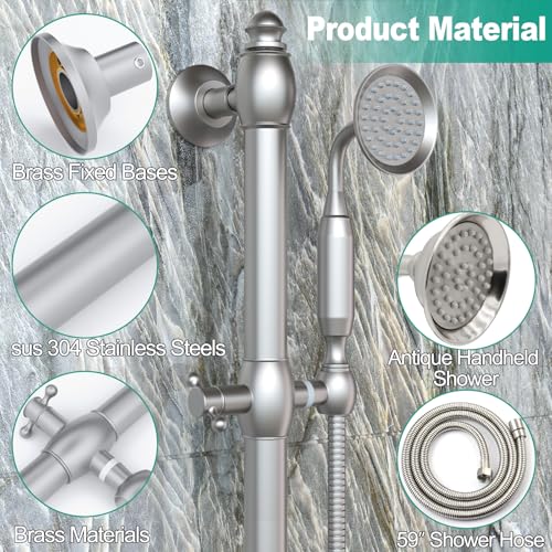Shower Slide Bar with Handheld Shower Head Brass Adjustable Height Wall-mounted Retro Shower Head Holder with 59 inch Hose for Bathroom,Brushed Nickel - color: Brushed Nickel