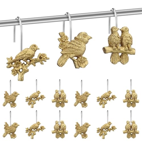 12 Pcs Bird Shower Curtain Hooks Antique Gold Birds Animal Decorative Hooks Rings Bulk Cute Hanger Stainless Steel Resin Nature Spring Themed Curtain Rings for Bathroom Bedroom Home Decor - style: Bird