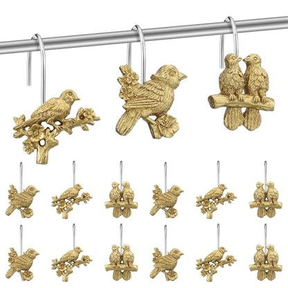12 Pcs Bird Shower Curtain Hooks Antique Gold Birds Animal Decorative Hooks Rings Bulk Cute Hanger Stainless Steel Resin Nature Spring Themed Curtain Rings for Bathroom Bedroom Home Decor - style: Bird
