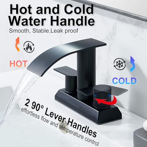 IKEBANA Modern 2 Handle Waterfall Bathroom Faucet, Matte Black, Stainless Steel, Lead-Free, 4 inches Centerset, Includes Pop Up Drain and Supply Hoses - color: Matte Black