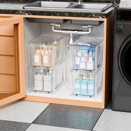 4 Pack Large Stackable Storage Drawers,11″Deep Under Cabinet Organizer,Baby Bottle Organizer,Clear Stacking Pull Out Drawer,Acrylic Storage Containers Bins for Organizing Snack,Medicine,Makeup