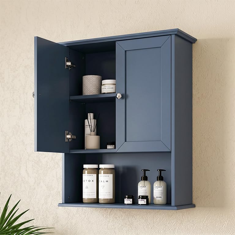Medicine Cabinet, Over The Toilet Storage Cabinet, 24x30 Inch Wall Mount Bathroom Storage Cabinet with 2 Doors & Adjustable Shelf, Wooden Bathroom Wall Cabinet, Navy Blue - color: Blue