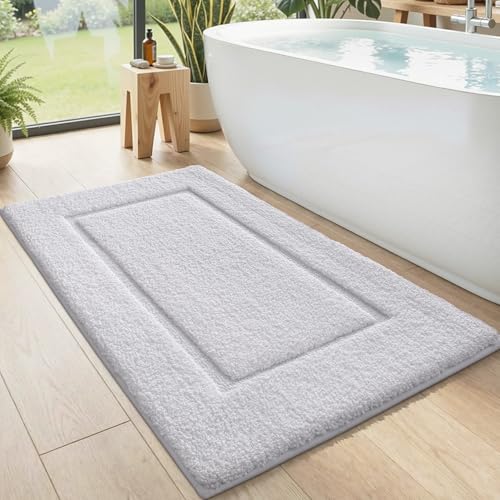 DEXI Bath Mat 43x24, Absorbent and Non Slip Bathroom Rugs, White | Soft Plush Microfiber Bathmat, Machine Washable & Quick Dry, Rubber Back Rug for Shower, Tub, Sink - color: White, size: 43" X 24" (Rectangular)